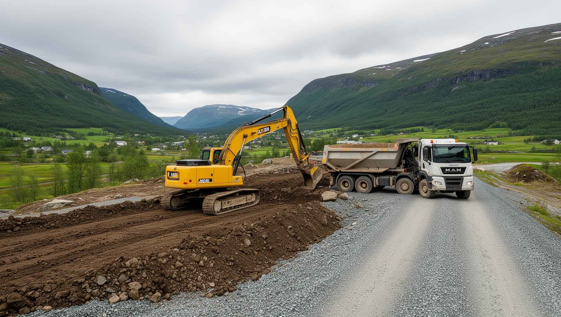 Gravemaskin og lastebil i arbeid – maskinentreprenør Gjøvik, Innlandet